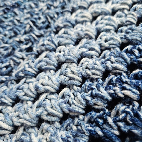 Hand Crocheted Chunky Blue Sweater Silver Maple Stitches Hooded Oversized Heavy - Picture 10 of 11